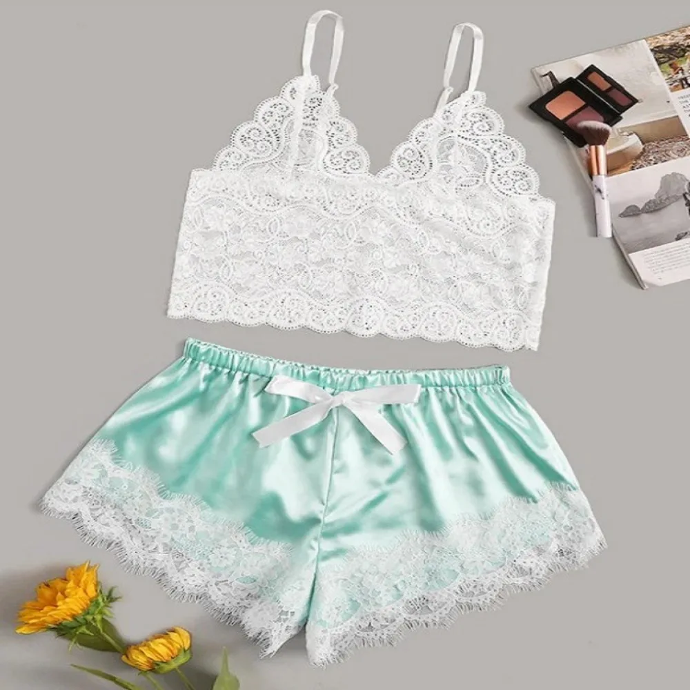 Sexy Lace Silk Sleepwear Two Piece Set of Suspender Shorts for Women Pajamas Set Lingerie Crop Tops Shorts Nightwear