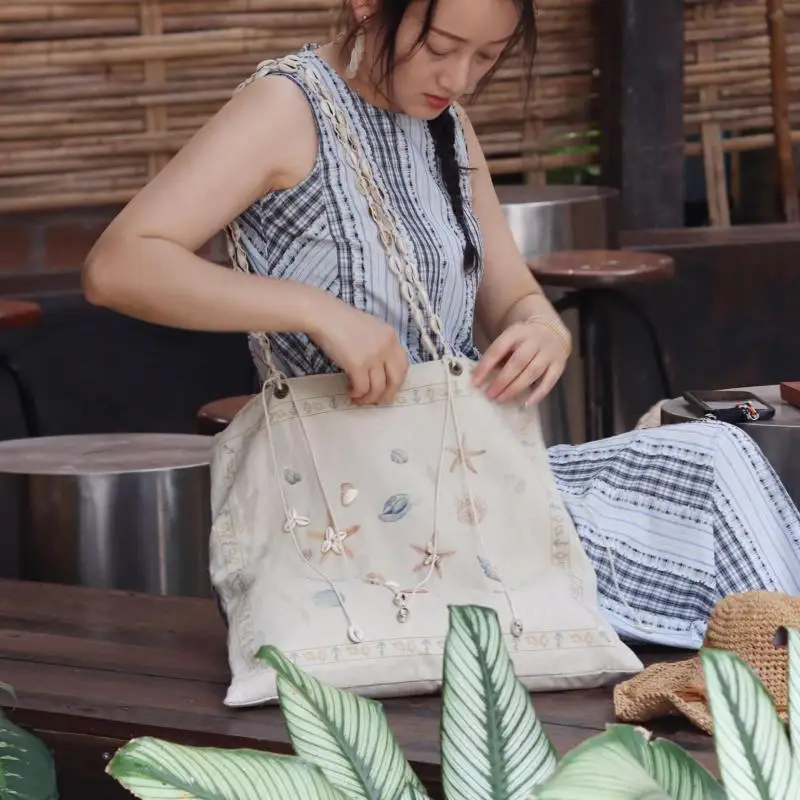 Original Conch Pattern Printed Square Women Bag Handmade Shell Weaving Handle Large Capacity Beach Vacation Single Shoulder Bags