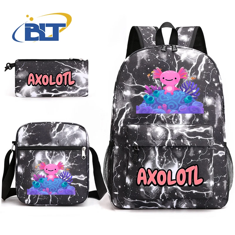 Axolotl-子供用のプリントスクールバッグセット,カジュアルなバックパック,ショルダーバッグ,鉛筆バッグ,学生へのギフト,3個