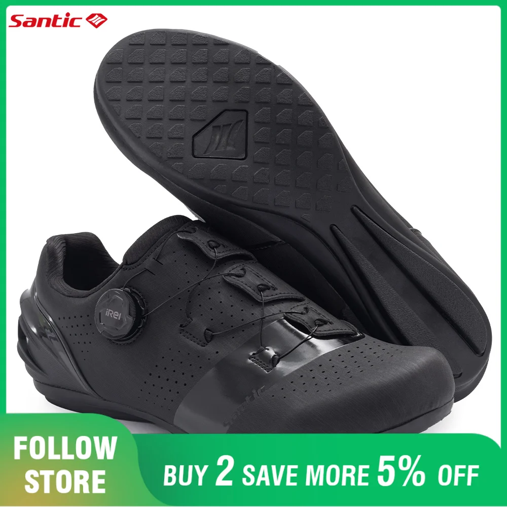Santic Non-Locking Flat Cycling Shoes Unisex Men Women Rubber Outsole Adjustable Auto-Lock Buckle Road Bike Sneakers Comfortable