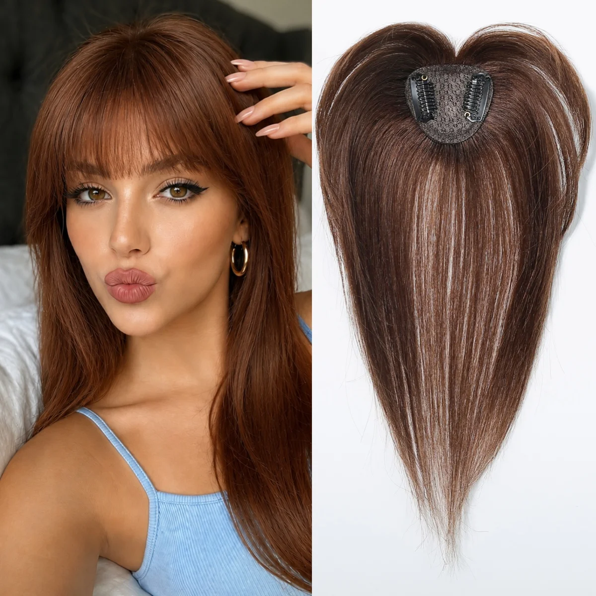 Light Brown 100% Human Hair 10 Inch Heart Shaped Topper with Bangs Straight Clip in Hairpiece for Women Thinning Hair