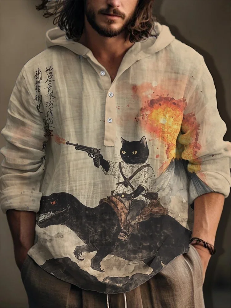 

Men's Youth 2025 Fashion Ethnic Printed Long Sleeves Hooded Pullover Shirt Retro Calligraphy Cat Dinosaur Volcanic Eruption Art