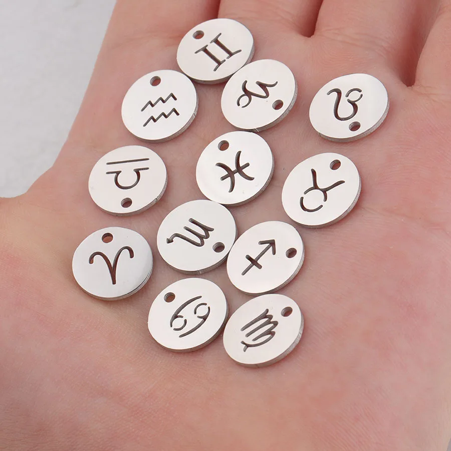 

12pcs/lot 12mm Round Zodiac Charms Mirror Polished Stainless Steel DIY Charms 12 Constellations Pendant Jewelry