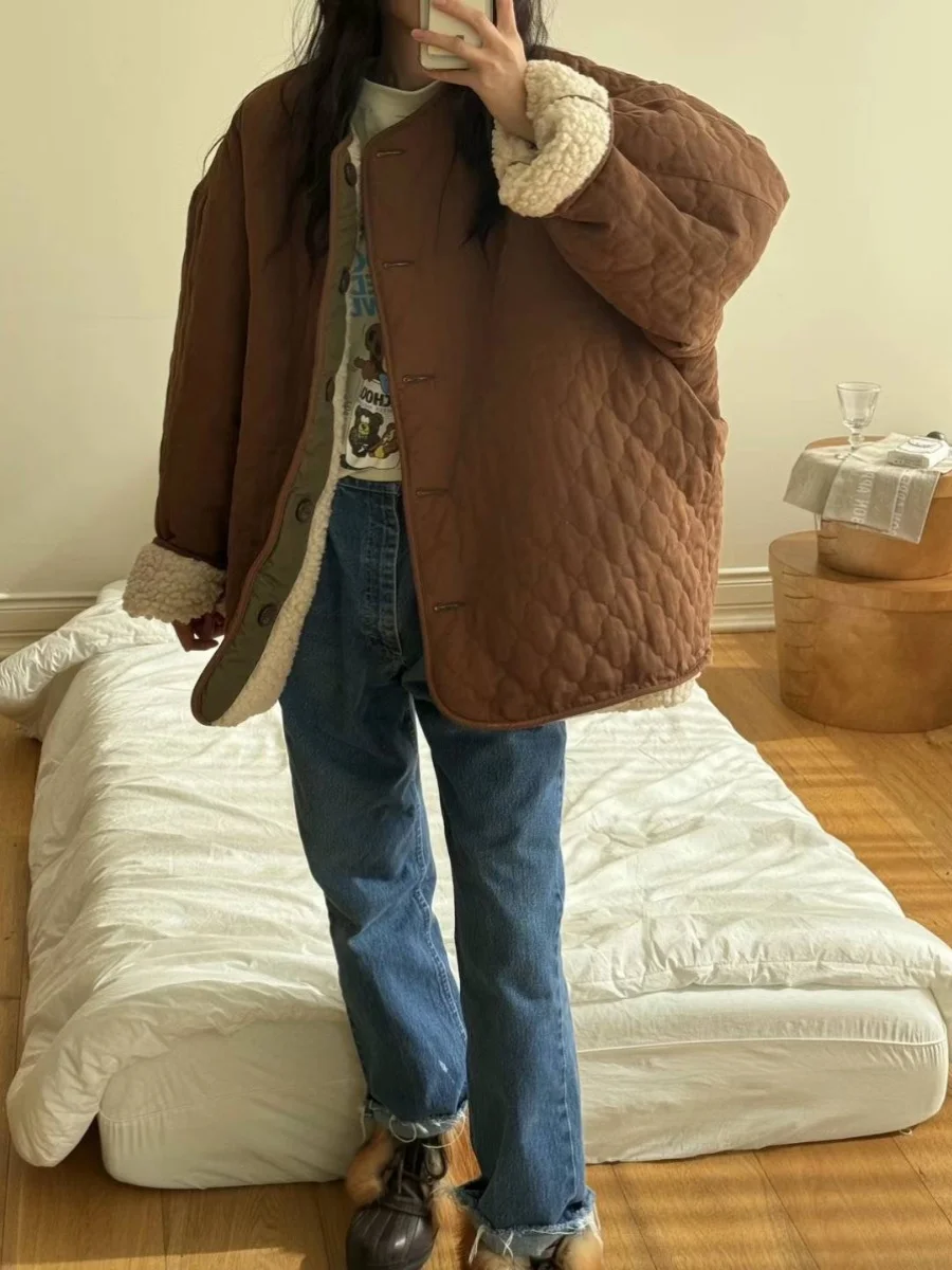 Jaqueta de aodão espada com padrão de treliça fena vintage solto inverno quente casaco de pele de cordeiro dupla fac...