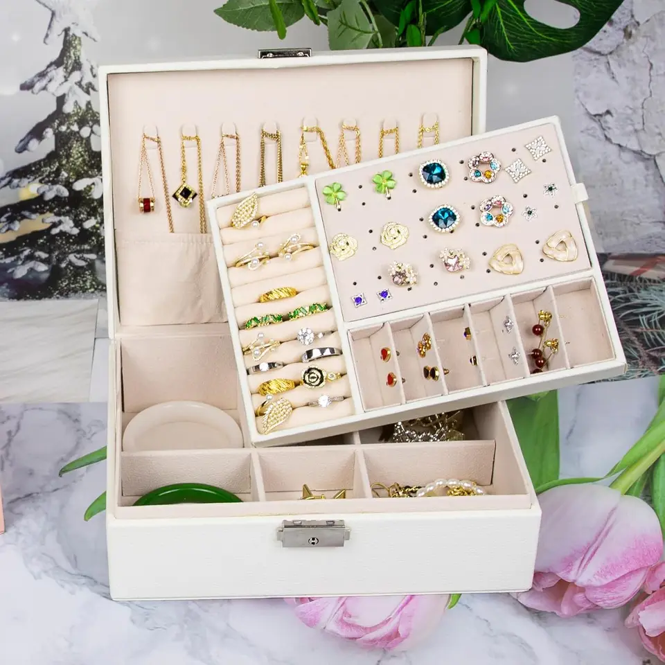 Double Layer Lockable PU Leather Jewelry Box