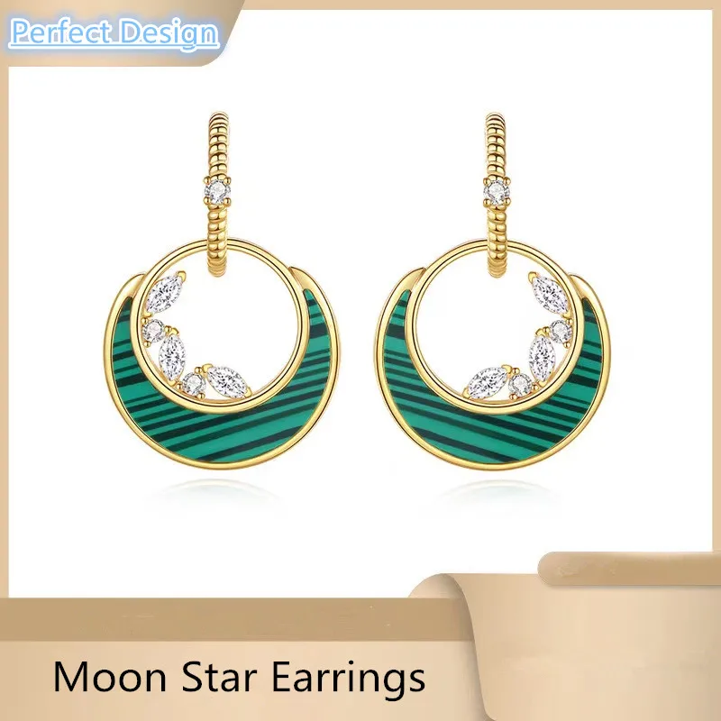 

"Elegant Moon Earrings with Jade Green Shell and Zircon Stones - Exquisite Ear Studs for Chic Fashion”