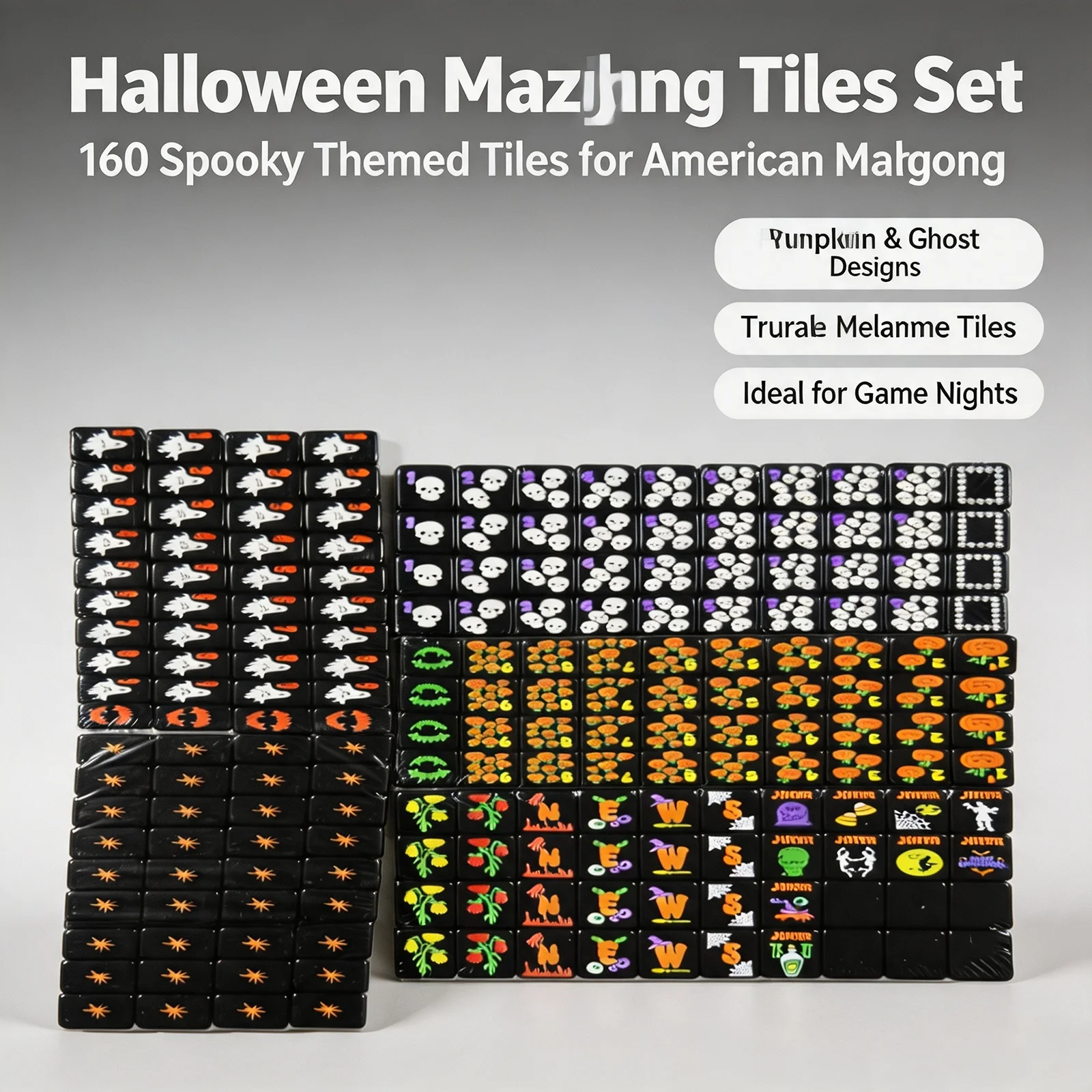 160 Pcs Halloween American Mahjong Tiles Hand-carved Spooky Engravings Mahjong Kit Halloween Mahjongs Game for Party