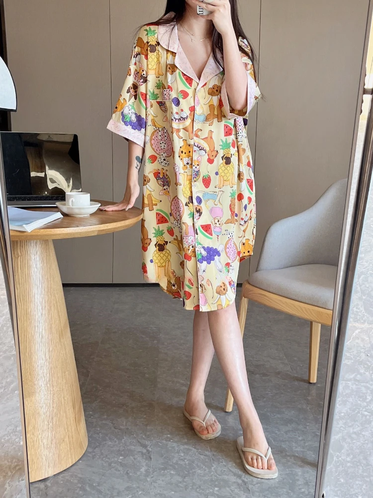 2024 Thin Cartoon Ice Silk Shirt Nightdress Women\'s Summer Sexy Mid-Length Loose Outer Wearing Pajamas Skirt Home Clothes