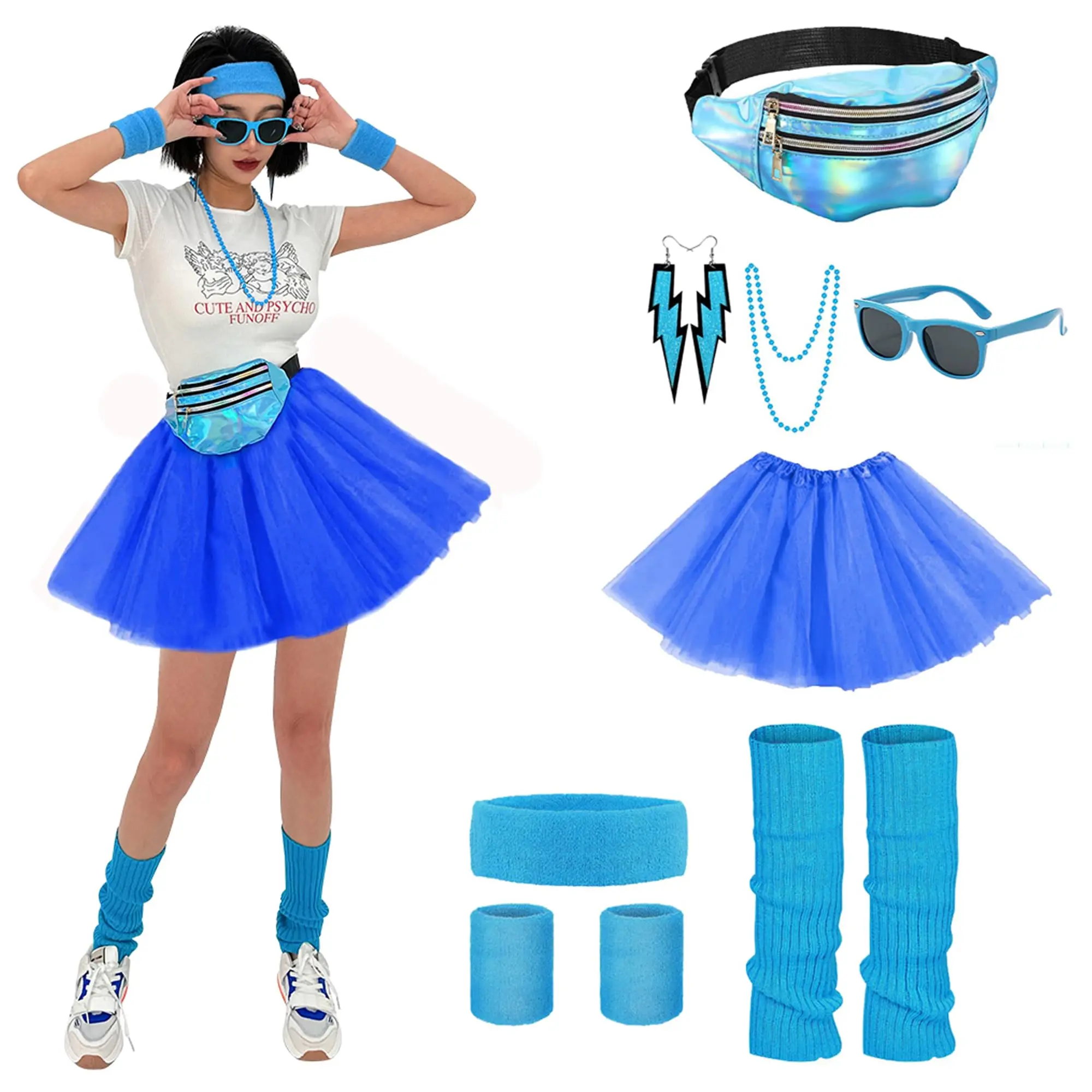 80s Fancy Dress for Women Girls Waterproof Bumbag Waist Packs Headband Wristbands Leg Warmers Earrings Sunglasses 80s Accessorie