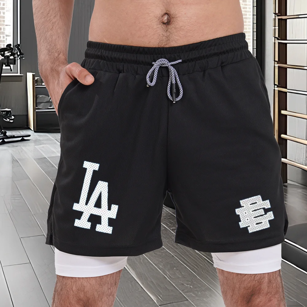 شورت LA-رجالي بطبقة مزدوجة يسمح بمرور الهواء، شورت رياضي سريع الجفاف، مناسب لتدريب الجري على الساق المستقيمة، اتجاه الصيف