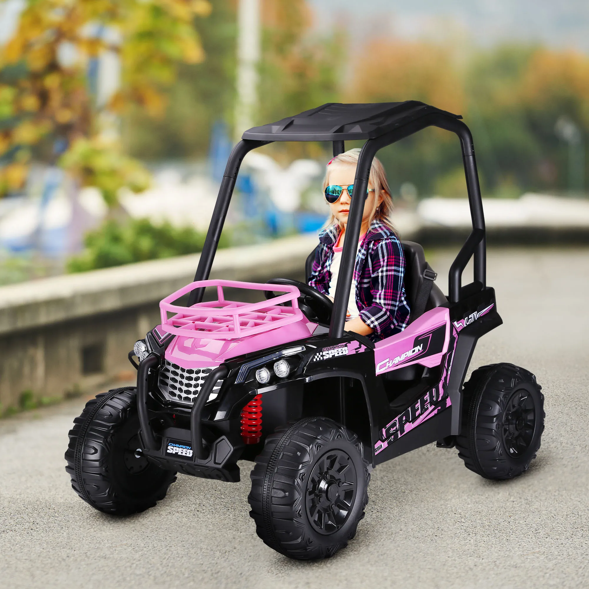 Coche Atv eléctrico para niños al aire libre con suspensión real y control remoto, rosa