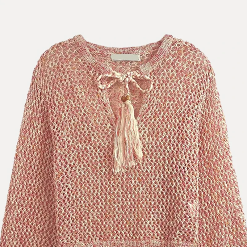 

ell Lace-Up Knitwear Tassel Hollow out Summer New Women's Faion Polyester Fiber Long Sve round Ne Loose Fit Knitted ...