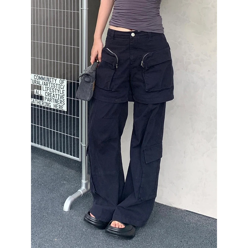 

PBAP винтажные однотонные мешковатые джинсы-карго с карманами, женские потертые широкие прямые брюки из двух предметов с высокой посадкой, летняя уличная одежда