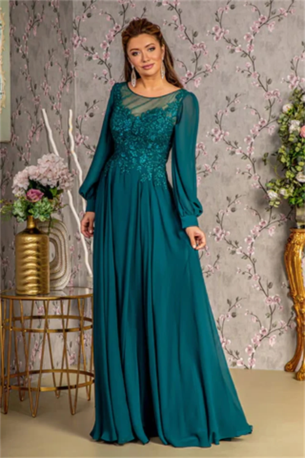 Jessica Elegant Green Wedding Dress Embroidered Sequined Long Sleeve Chiffon Prom Dresses Arab Ladies Bespoke Occasion Dresses