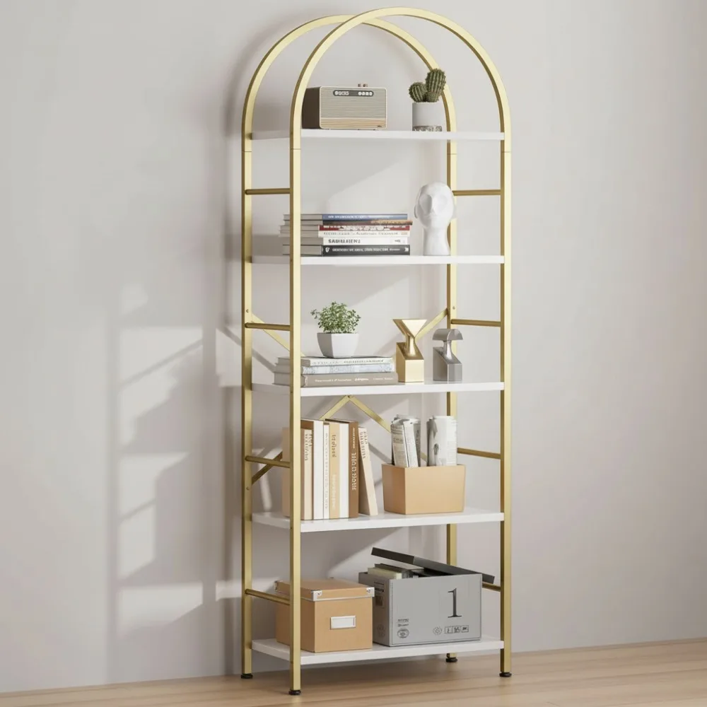 

Arched 5-Tier Bookshelf, Modern Metal Bookcase Storage Organizer for Home Office Living Room Bedroom, Gold Finish