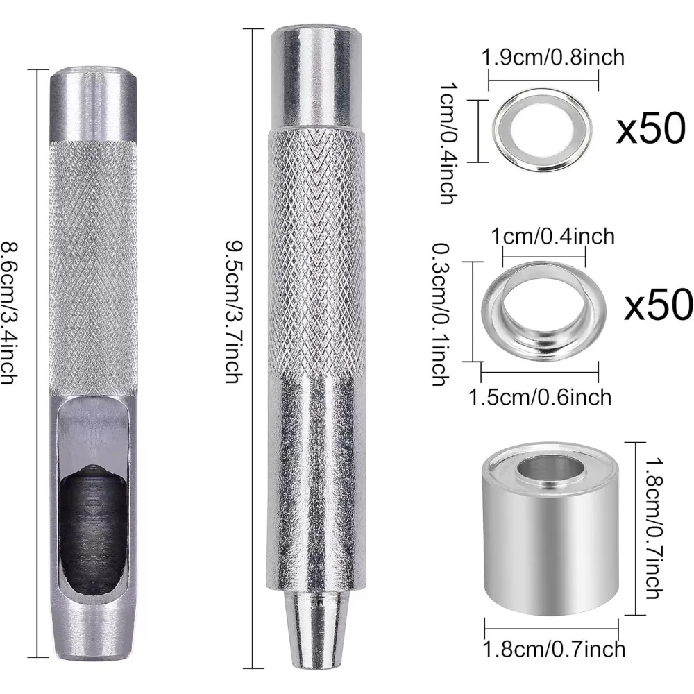 Metal Ilhós Grommets Kit com Punch Hole, Ferramenta Fixada para Tecido de Encerado, Cortinas, Artesanato, 100Pcs, 10mm