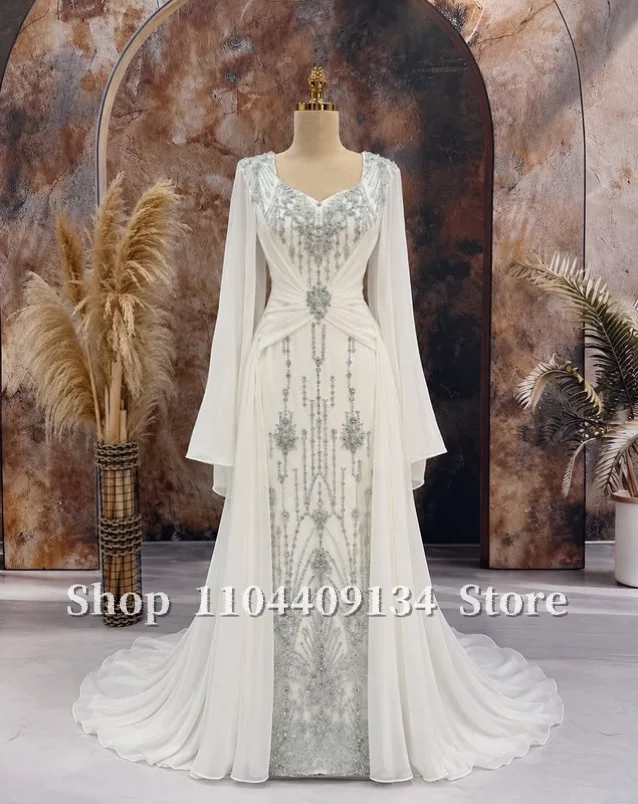 White Chiffon Muslim Wedding Dress Long Flare Sleeve Silver Beaded Mermaid Bridal Gown Arabic Evening Dress Customized