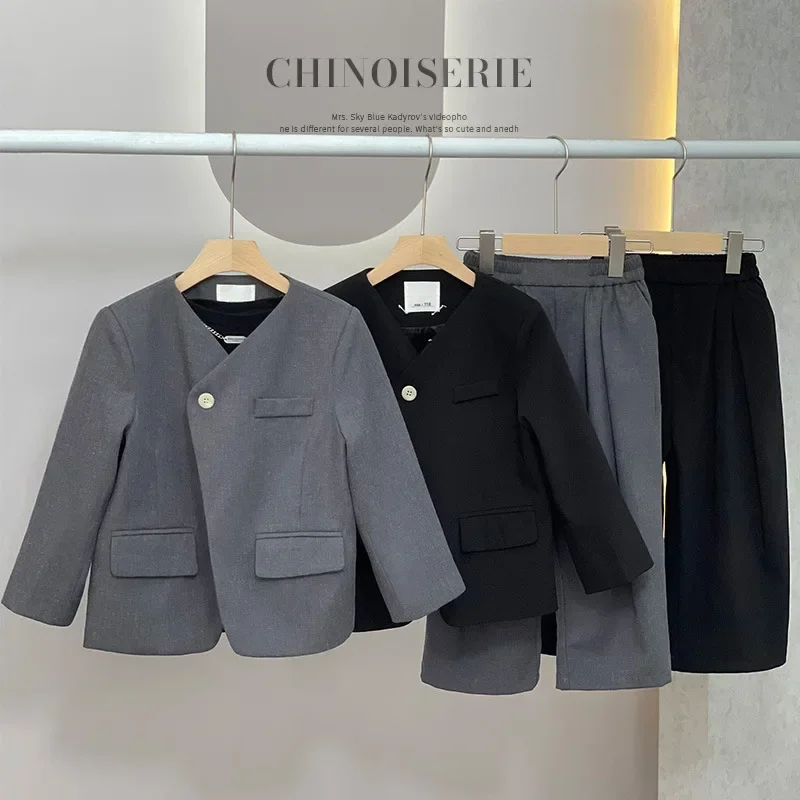 Girls Grey Suit Spring 2026 Casual Loose Blazer Skirt Two Pieces School Uniform for Kids Wedding Party Formal Costumes 2-13 Year