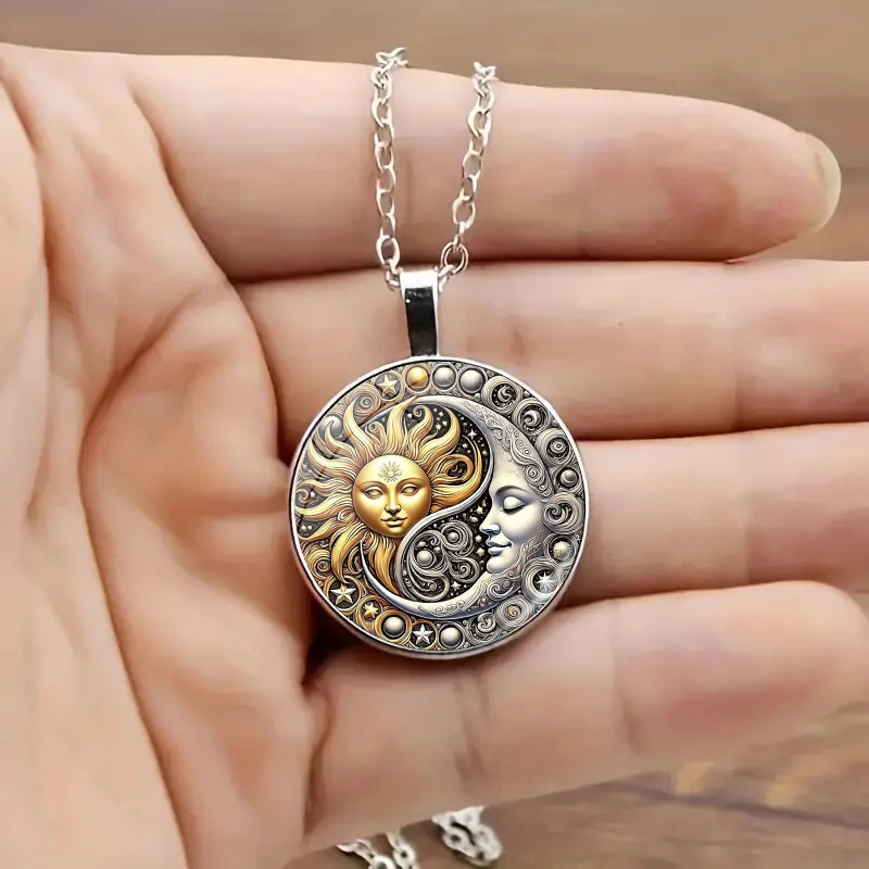 Vintage Sun Moon Necklace Metal and Glass Round Pendant Jewelry, Men's and Women's Charter Decoration Anniversary Birthday Gift