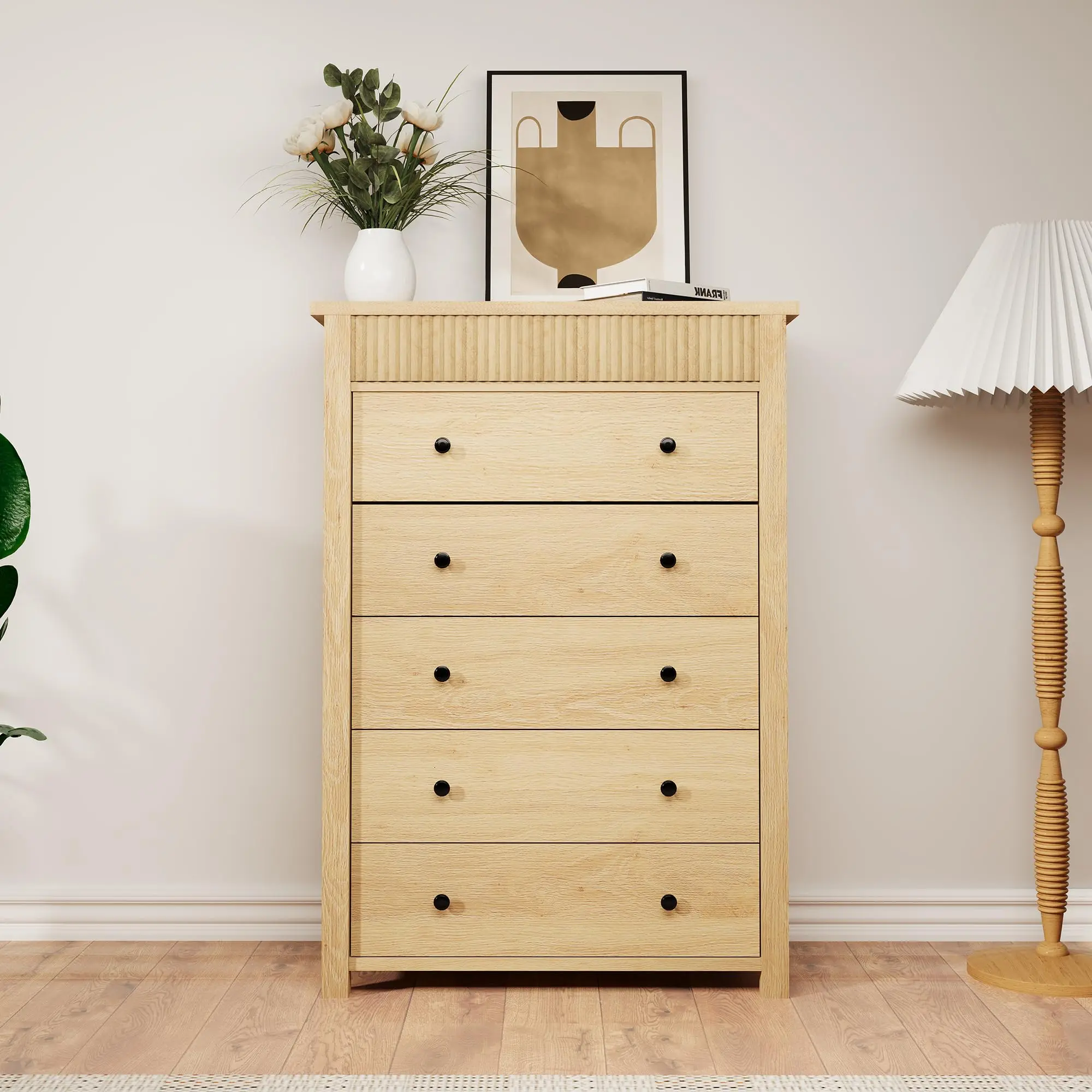 Fluted Wooden Chest of Drawers Dresser - Modern Tall Storage Cabinet for Bedroom, Living Room, Entryway - 3/5 Drawers, Large Drawers, Walnut/Natural Oak Finish