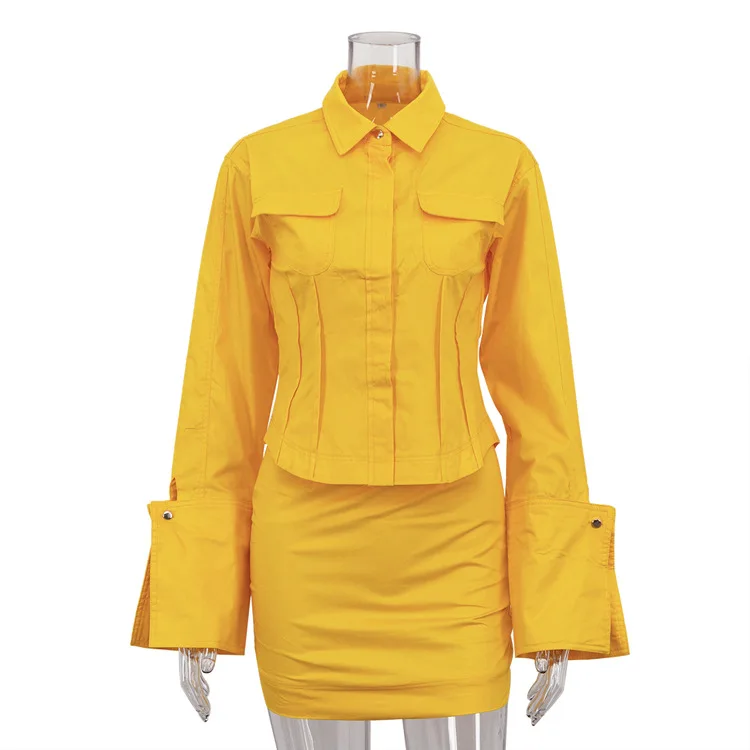 エレガントなイエローコットン女性用ツーピーススカートセット、ファッション長袖ポケット付きシングルブレストシャツ＋スリムミニスカートセットアップ