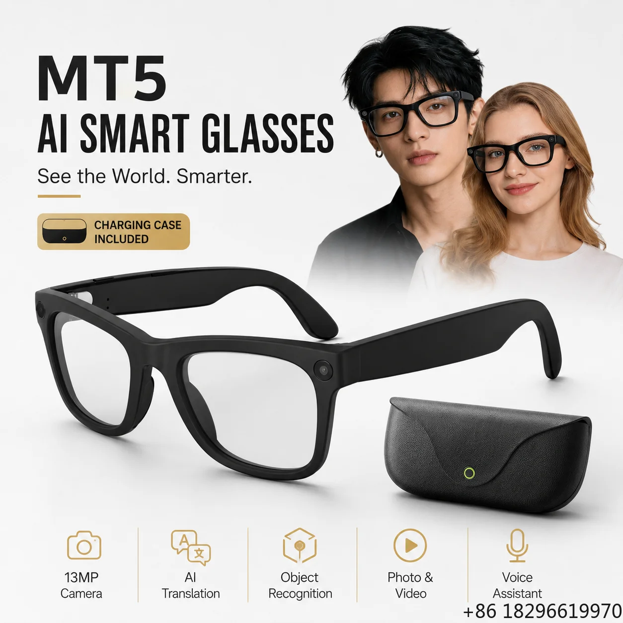 13MP HD POV Smart Glasses WiFi Video Recording Audio Eyewear Real Time Translation AI Assistant Charging Case