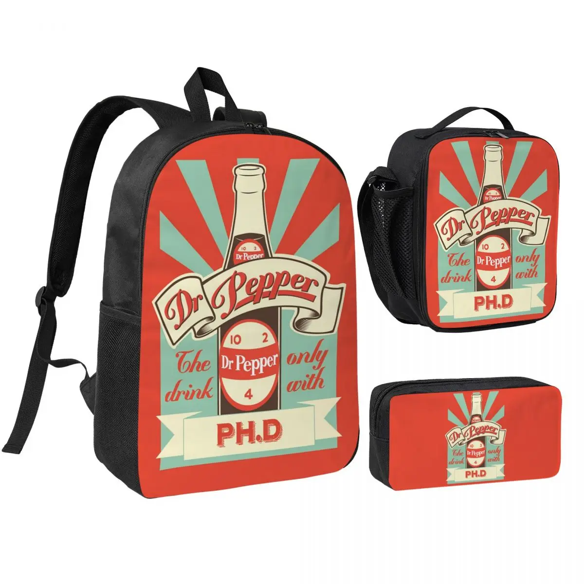 

Dr. Pepper Vintage Backpack Student BookBag School Bag Shoulder Bags 3ps Insulated Lunch Bag Pencil Case