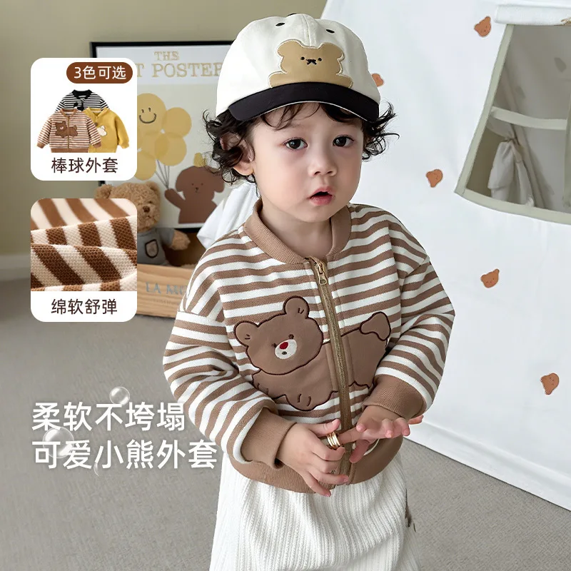 

Children's Fashion Baseball Jacket 2025 New Autumn Boys' Stylish Patch Cartoon Coat Baby Striped Top Trendy