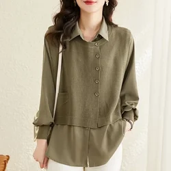 Spring and Autumn Women's Polo Neck Solid Button Spliced Sweater Knitted Long Sleeve Shirt Fashion Elegant Casual Commuter Tops