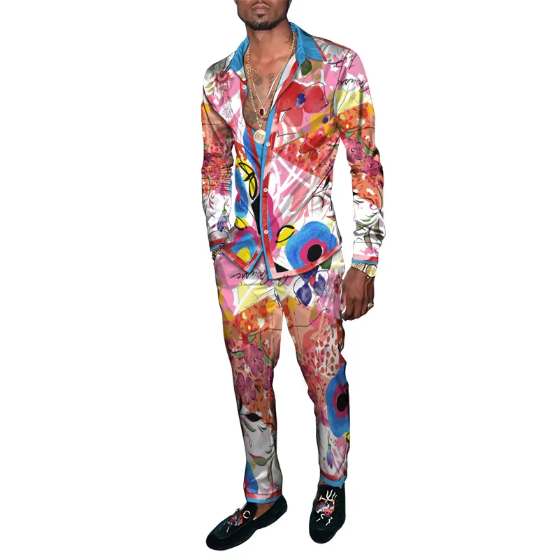 Retro Ethnic Floral Totem 3D Print Men Travel Casual Tracksuit Male Long Sleeves Lapel Button Cardigan Shirt Pants 2 Piece Sets