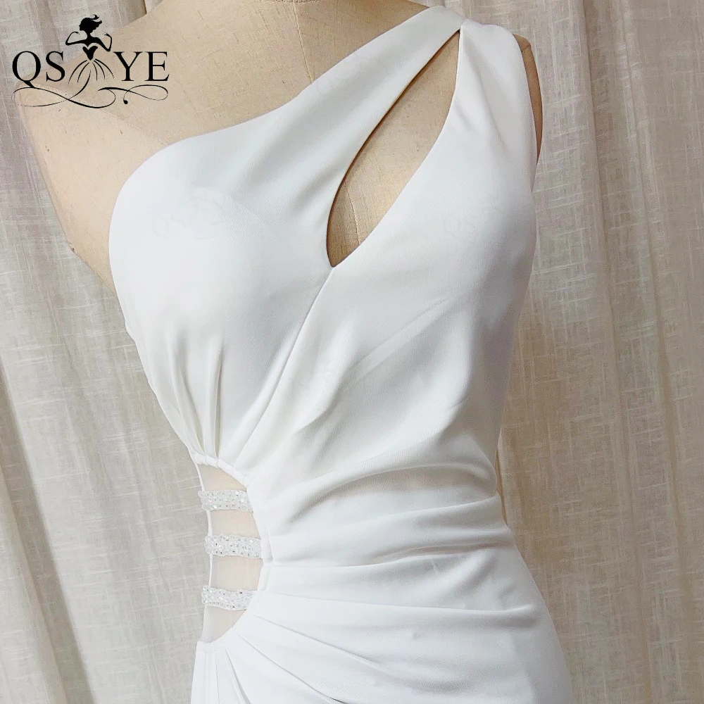 Einfache Weiße Brautkleider Perlen Taille Schulter Elastische Brautkleid Geraffte Braut Kleid Sexy Split Hochzeit Ehe Kleid