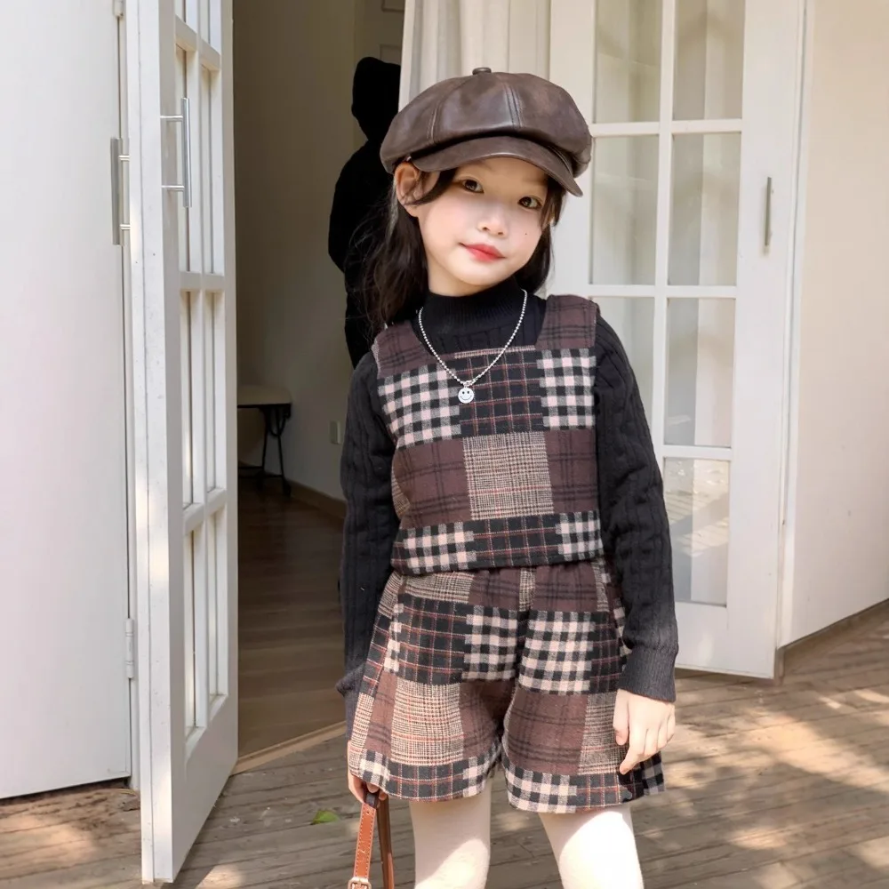 3-piece-set-spring-and-autumn-fashion-retro-street-style-kids-clothe-girls-black-base-sweater-checkered-tank-top-shorts