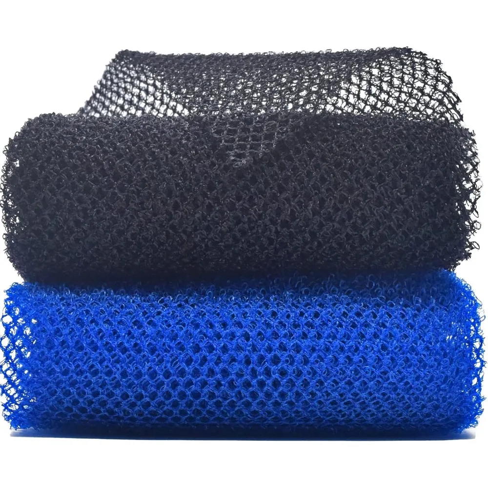 2 Pcs African Exfoliating Body Net Sponge, Stretchable Nylon Long Bath Scrub Net for Deep Skin Cleansing, Black & Blue