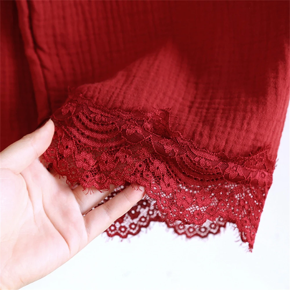 Lady Spring Summer Thin Long-sleeved Trousers Pajamas Set Autumn Crepe Double-layer Cotton Yarn Red Nightdress New Year Homewear