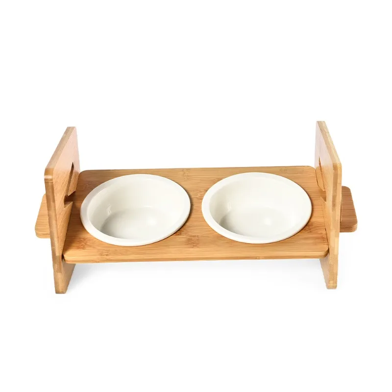 New high-quality elevated pet feeding bowl dog and cat feeder solid bamboo frame food feeder with ceramic dog