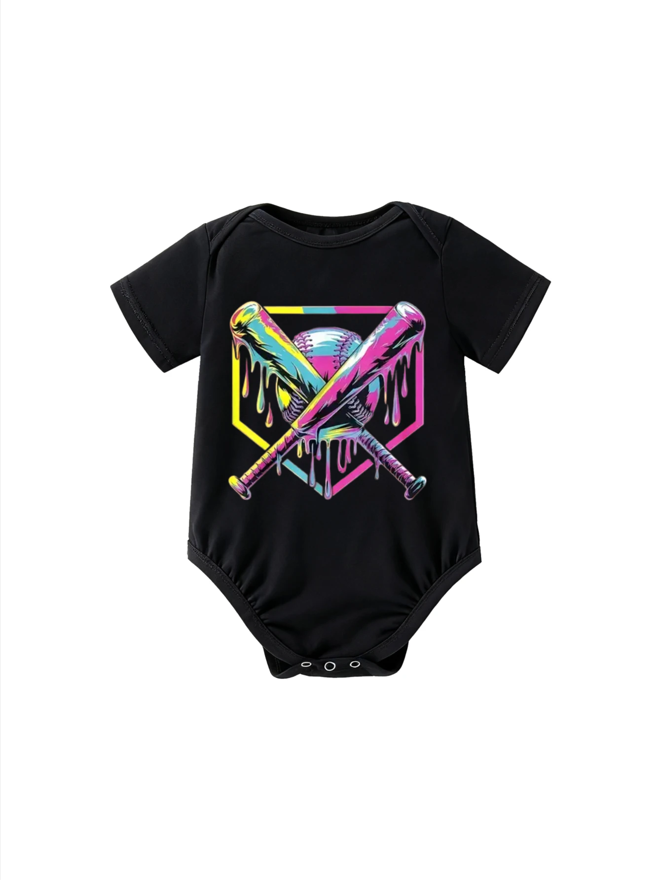 

​Baby Bodysuit Short Sleeve Colorful Baseball Bats and Ball in Geometric Frame for Infant Boys and Girls Sports Theme​