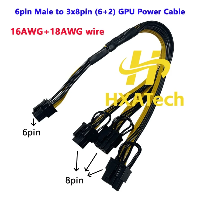HXATech - 16AWG PCIE 6pin male to 3x8pin (6+2) GPU Video Graphic Card Power Cable For 3xPCI-E8pin video card Supply Cable