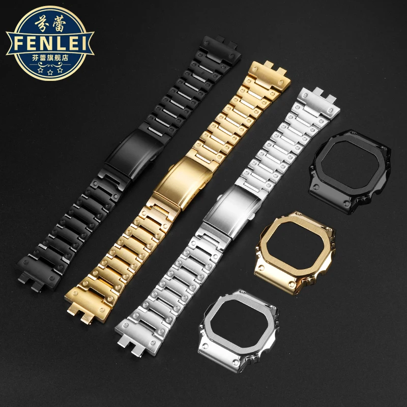 For Casio G-SHOCK GMW-B5000 Soild stainless steel Watch Set strap small square Bracelet gmwb5000 suit precision steel watch Case