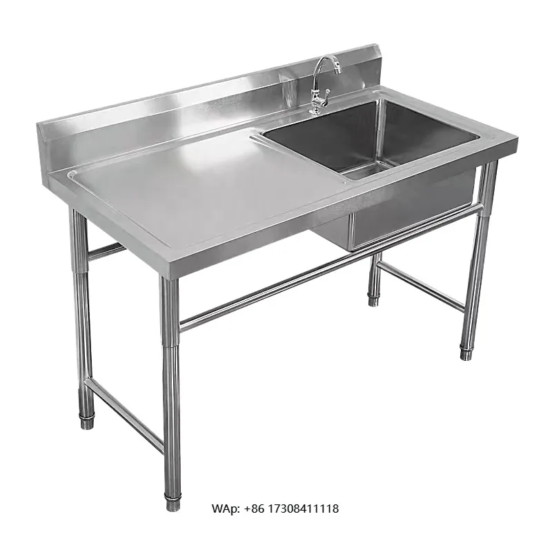 Stainless Steel Single Sink with Side Shelf Customizable Left/Right Platform, 304 Grade, 1.0mm Thick, for Commercial Kitchen