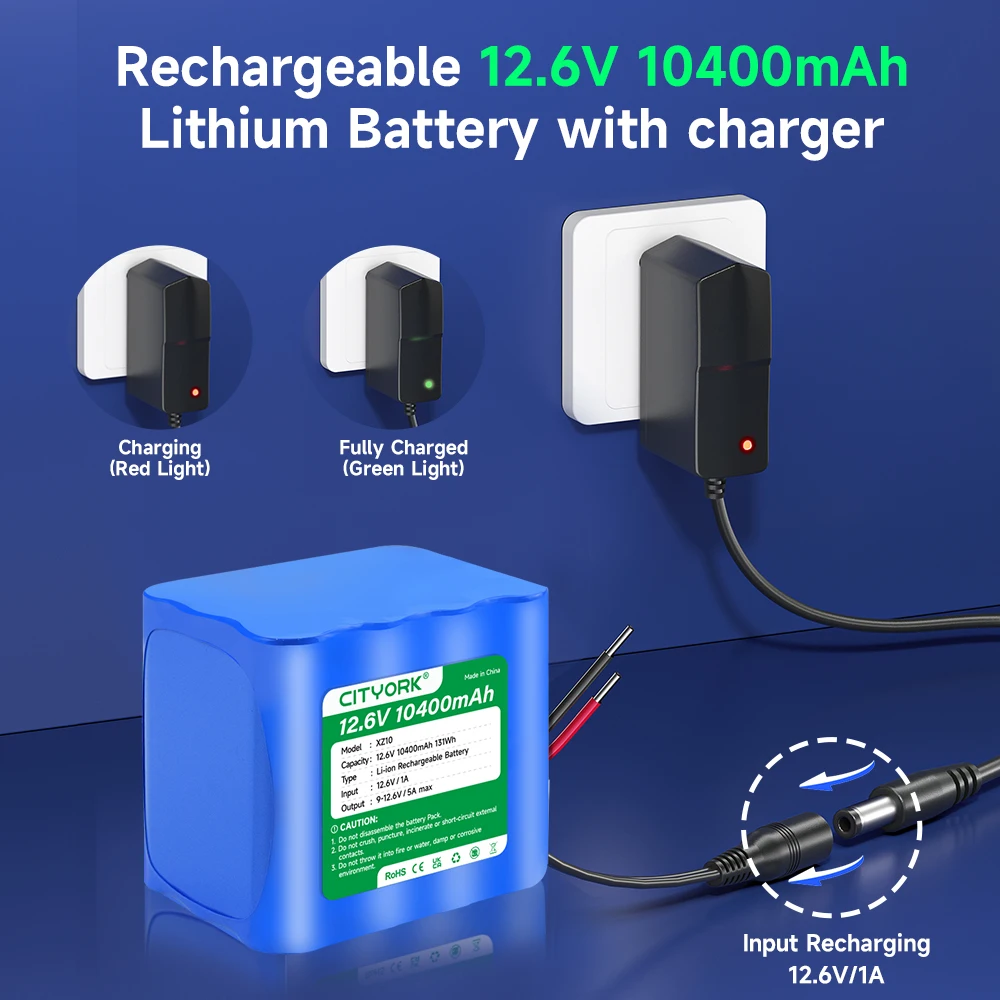 Paquete de batería recargable de 10400 mAh y 12 V con cargador compatible con dispositivos de 12 V, proyecto de bricolaje, parlantes, coche RC, panel solar, juguetes