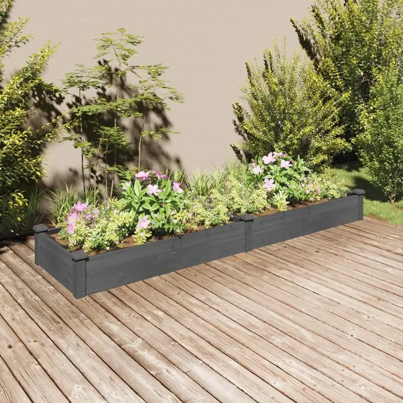 Bac à plantes surélevé en bois de sapin massif gris 240x60x25 cm, avec finition en acier résistant aux intempéries, aspect rustique, durable pour la culture d'herbes aromatiques, de légumes et de plantes ornementales dans la cour ou sur la terrasse.