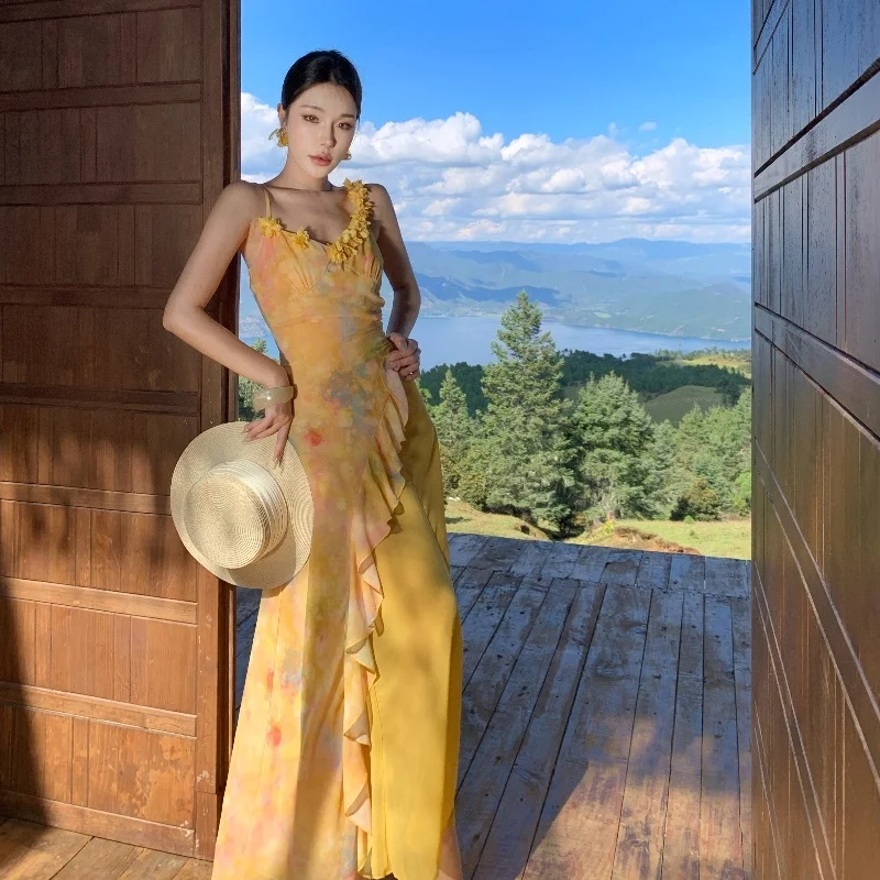 Women Monet's Garden Yellow Floral Tulle Bodycon Evening Dress Asymmetry Gown 3D Flower Elegant Luxury Party Prom Vestidos Robe