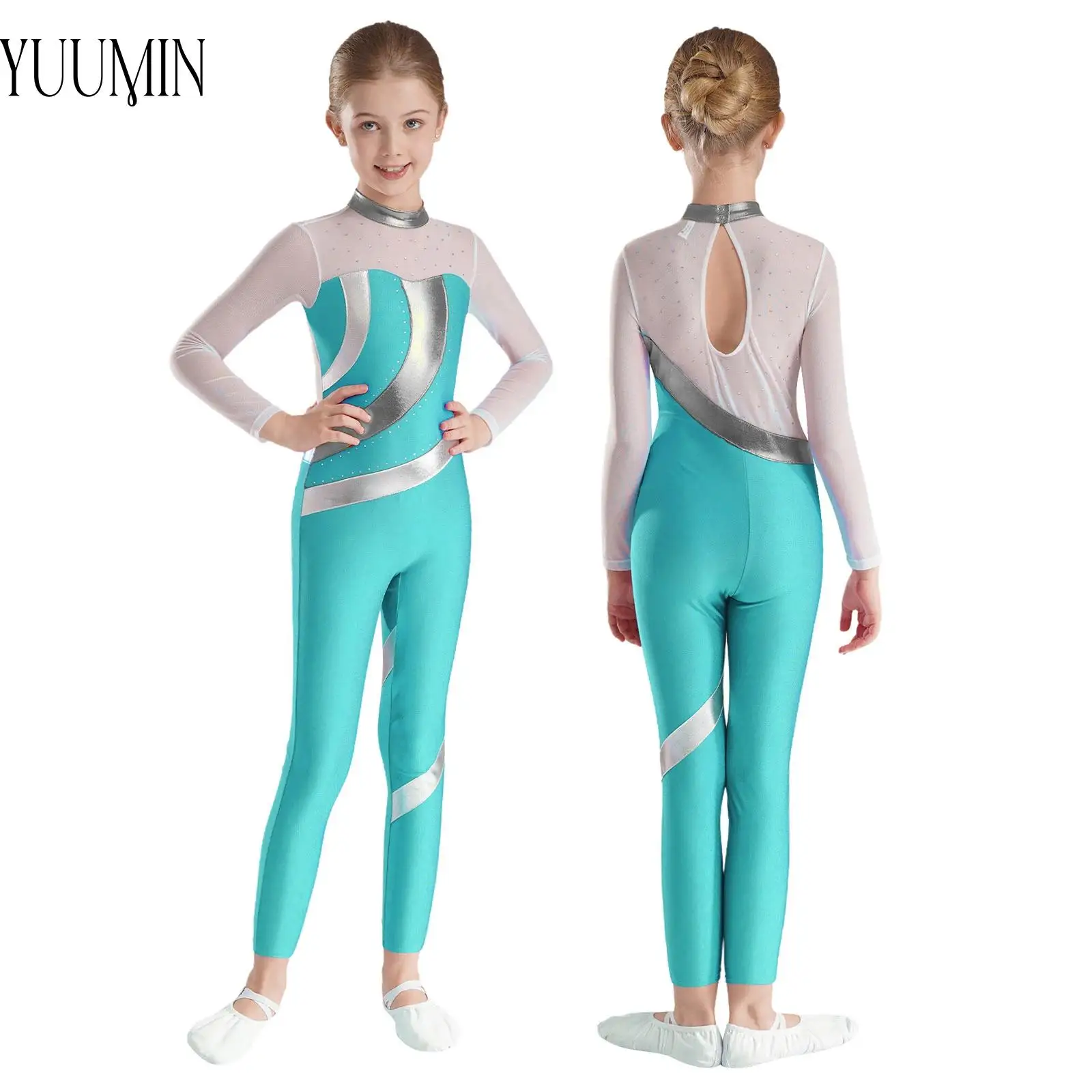 

Girls Metallic Patchwork Jumpsuit Long Sleeve Rhinestones Bodysuit for Figure Skating Dance Rhythmic Gymnastics Performance