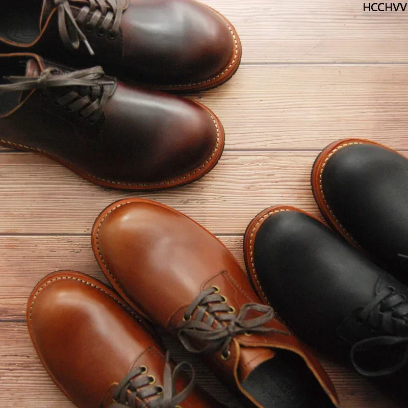 Leather Low Cut Casual Men\'s Shoes Goodyear-Welted Vintage Derby Shoes Craft Leather Midsole Round Head Tooling Red Shoes Jeans