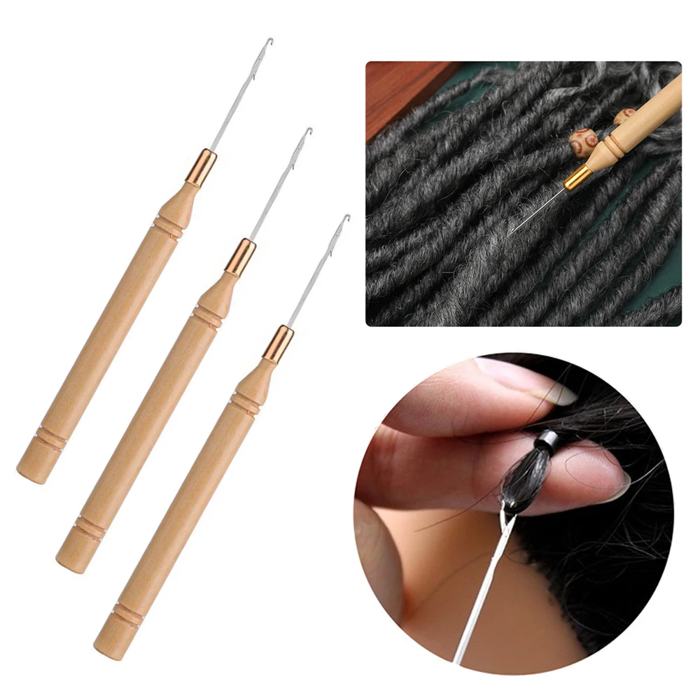 1/2/4/8PCS Hook Needle Tool with Wooden Handle for Lace Wig Making Knitting Micro Rings Loop Hair Extension Weaving Craft