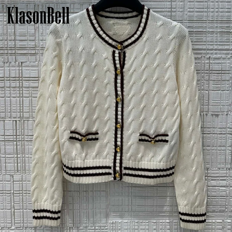 

7.10 KlasonBell Women Classic Sweet Twist Flower Contrast Color Striped O-Neck Cotton Knitted Cardigan Coat