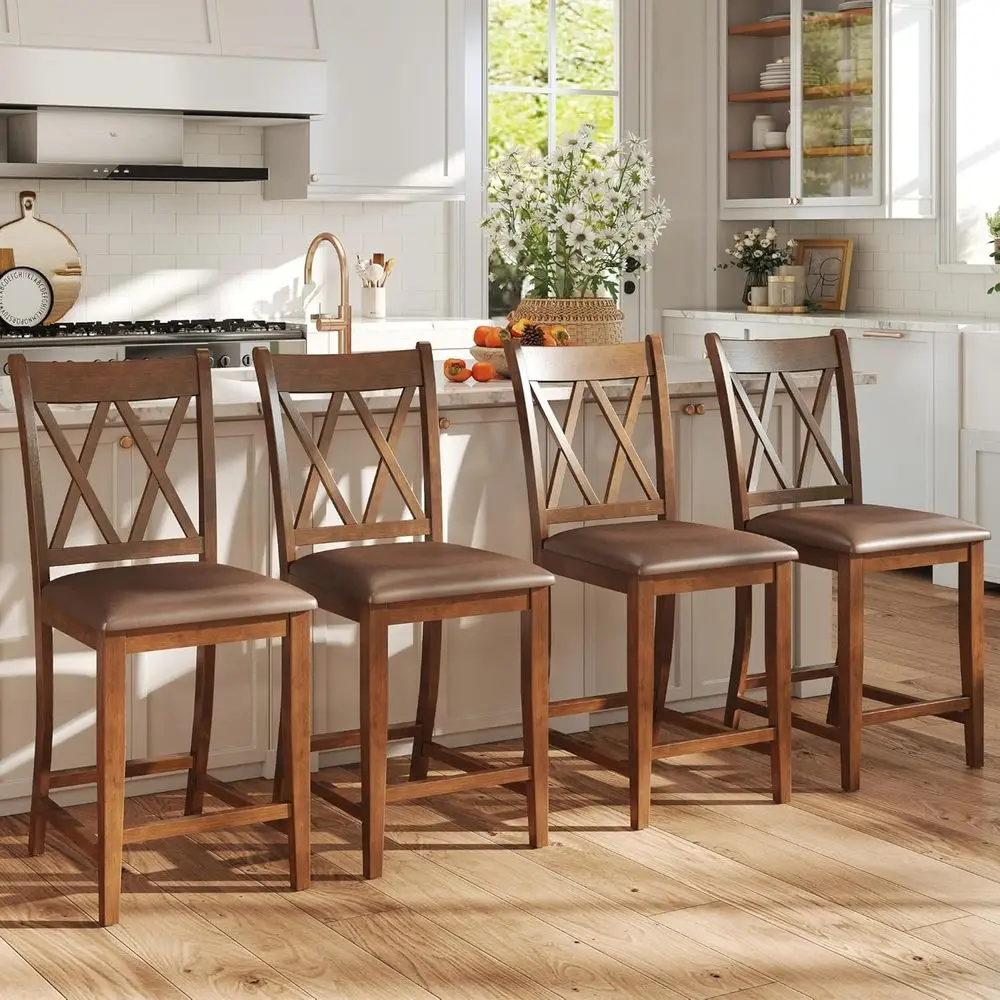 

Набор из 4 барных стульев для барной стойки с двойной X-образной спинкой и мягкими сиденьями, коричневая кожа и искусственная кожа