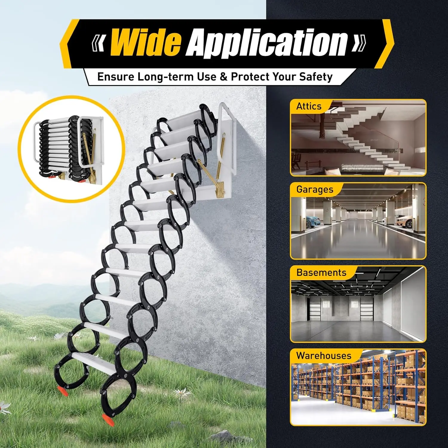 Wall-Mounted Retractable Attic Stair,12 Pedals Attic Ladder Telescopic Ladder,Attic Ladder Pulldown Folding Stairs