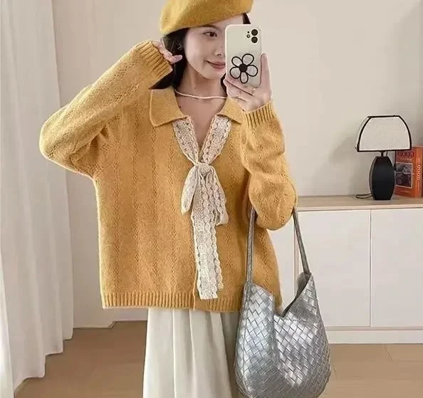 

Yellow Lace Collar Butterfly Knot Long Sleeve Loose Fit Women's Autumn Hollow out New Style Top