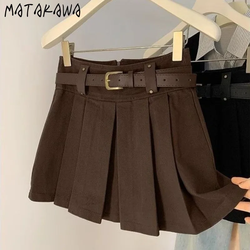 

Matakawa Y2k плиссированные юбки женские однотонные весенне-осенние винтажные Jupe Femme корейская мода с высокой талией сексуальная мини-юбка трапециевидной формы